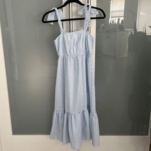 NWT Aqua seersucker dress. Tie straps. Size S. Blue/white stripe.